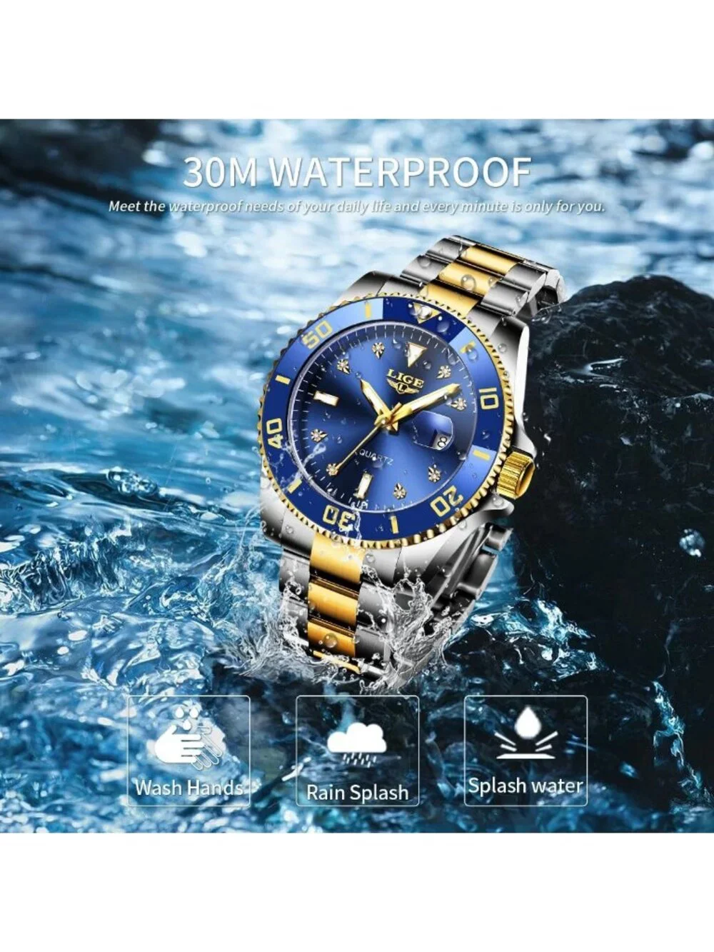 Men's Silver Gold Blue Quartz Analog Stainless Steel Waterproof Date Wristwatch